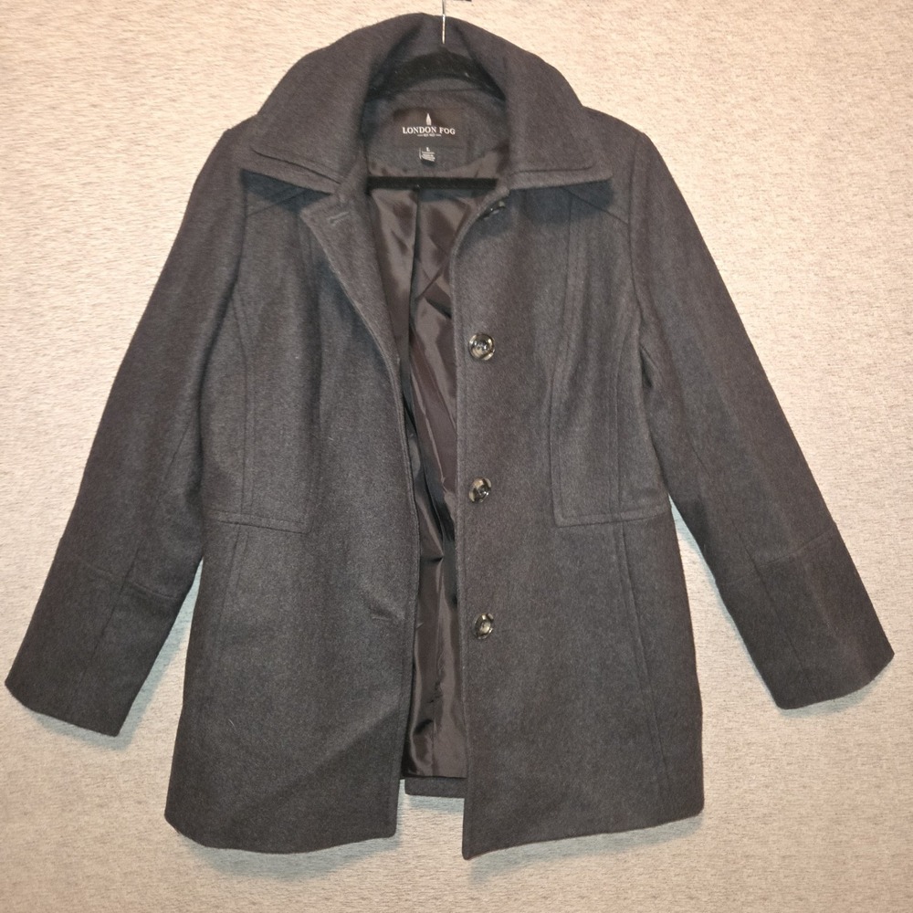 LONDON FOG Jacket Single Breasted Gray Wool Blend Pea Coat Women's Size Large - Picture 8 of 9